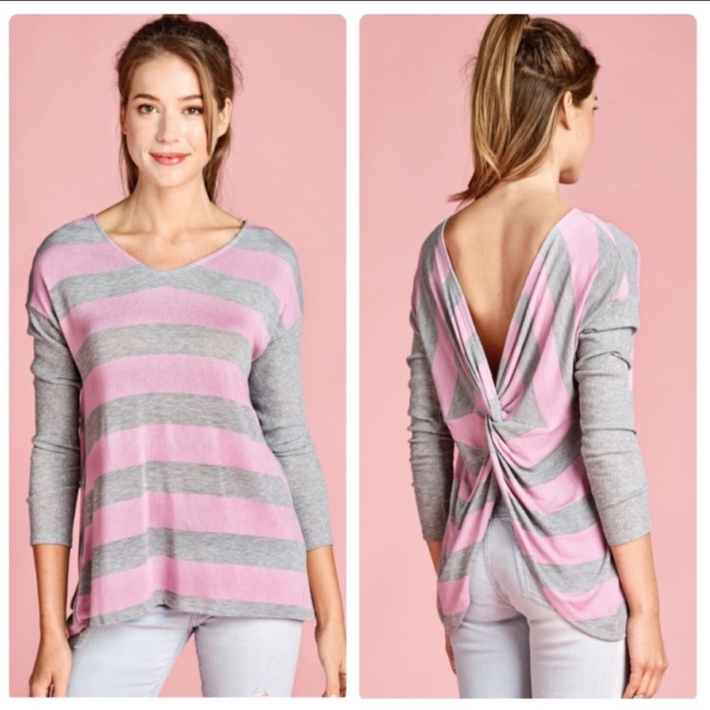 SALE ODDI Heather Gray Pink Stripe Twist Back Top - Picture 2 of 12